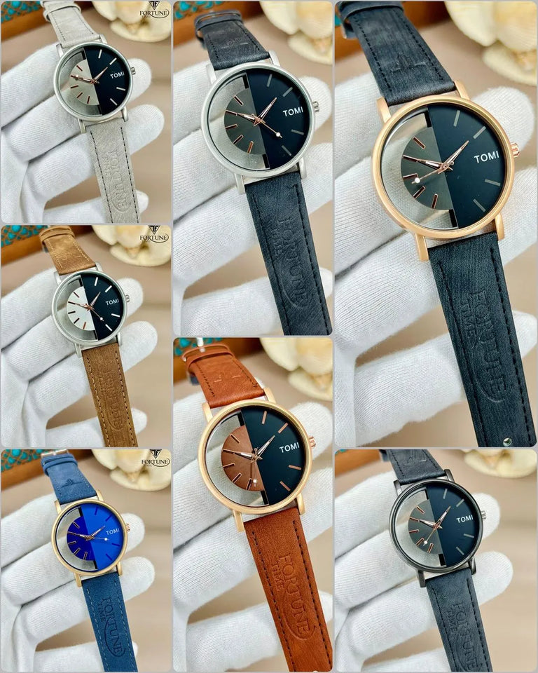 Men Multicolor PU Leather Strap Watch Round Dial Lightweight